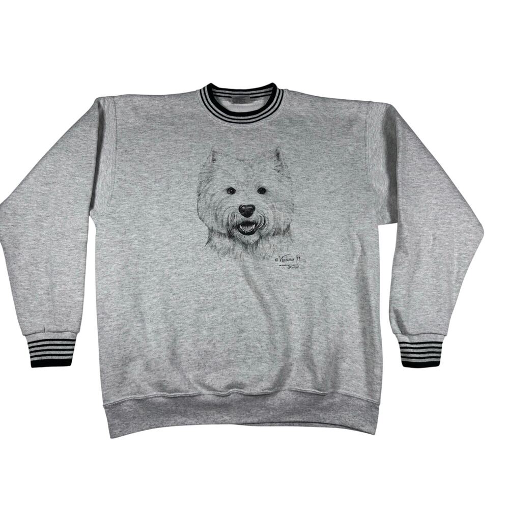 Vintage 90s Oneita Westie Dog Sweatshirt Large Gray Striped Crewneck Terrier